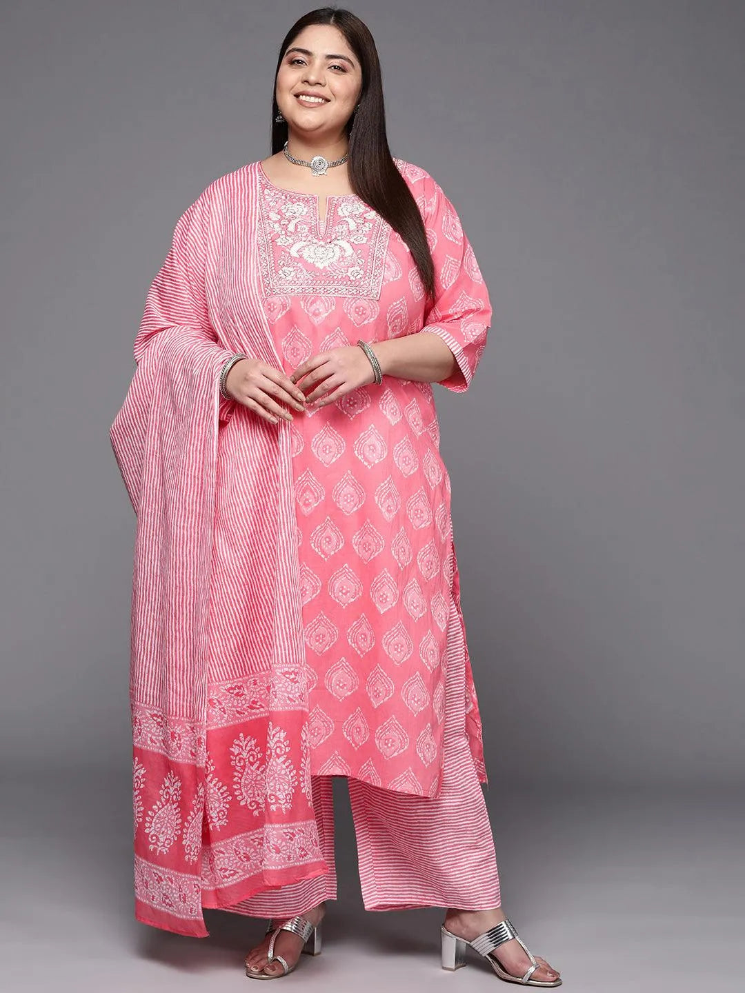 Plus Size Coral Yoke Design Cotton Suit Set With Trousers - Libas