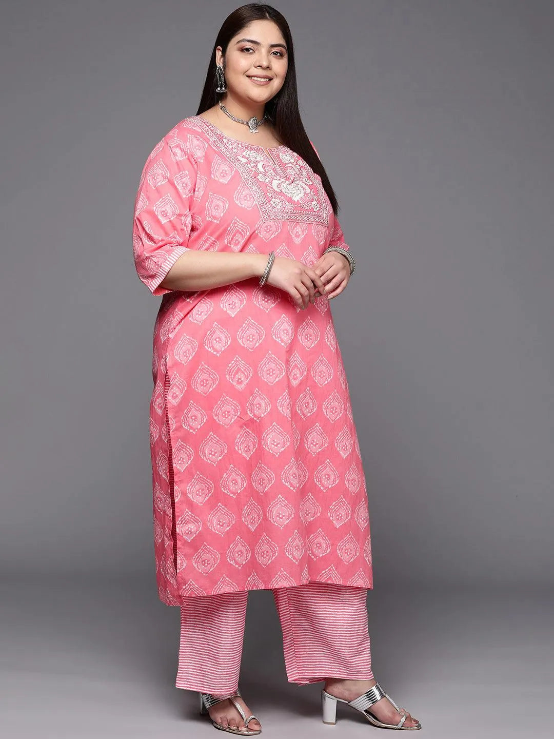 Plus Size Coral Yoke Design Cotton Suit Set With Trousers - Libas