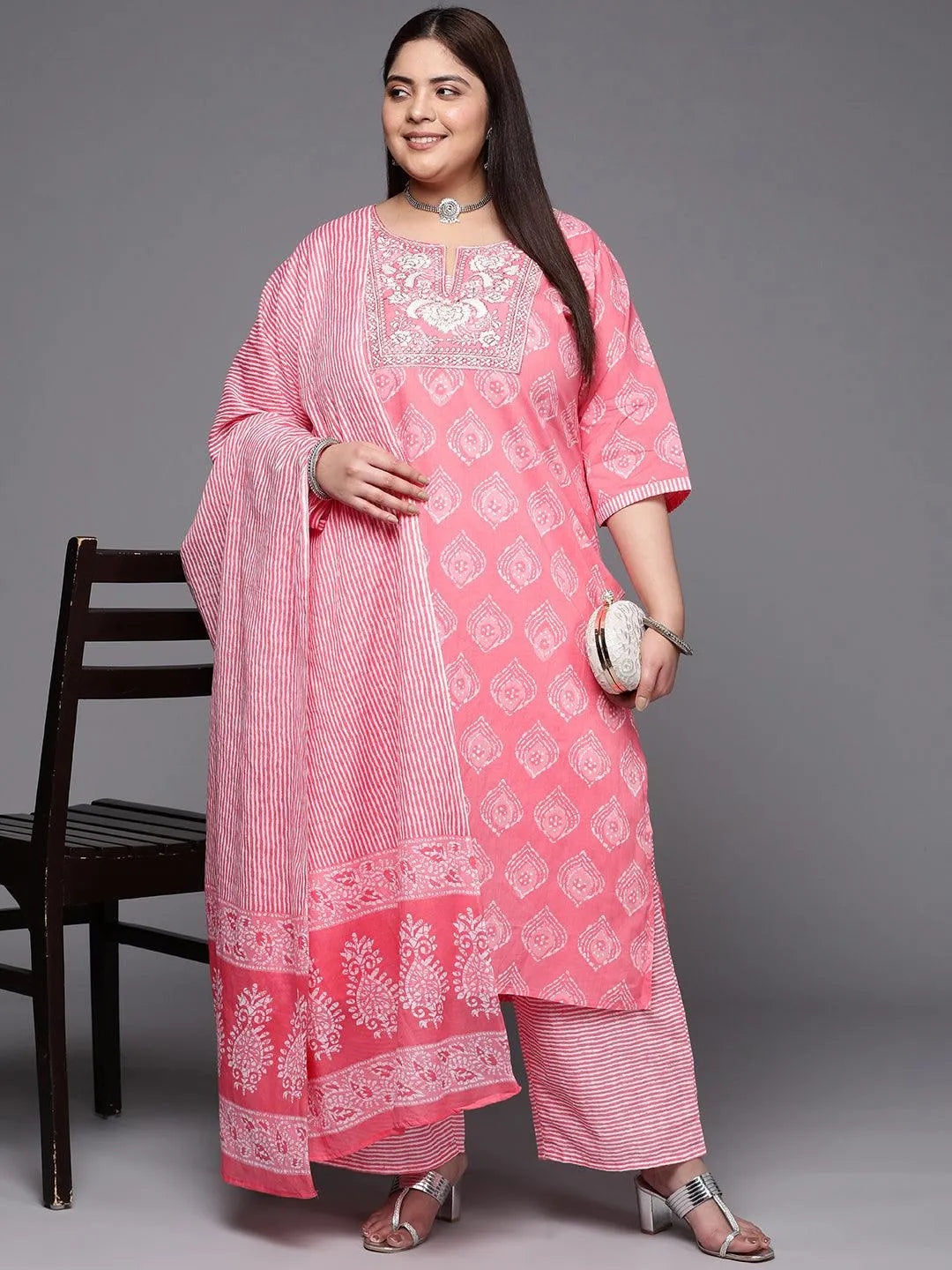 Plus Size Coral Yoke Design Cotton Suit Set With Trousers - Libas