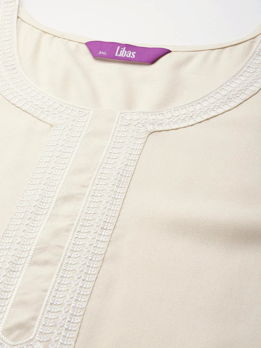 Plus Size Cream Embroidered Wool Kurta - Libas