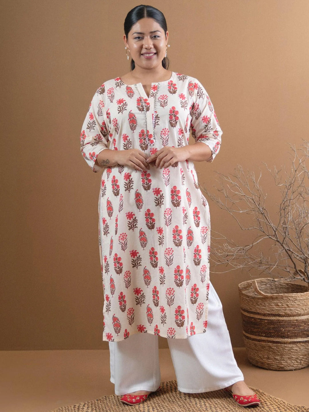 Plus Size Cream Printed Cotton Kurta - Libas 