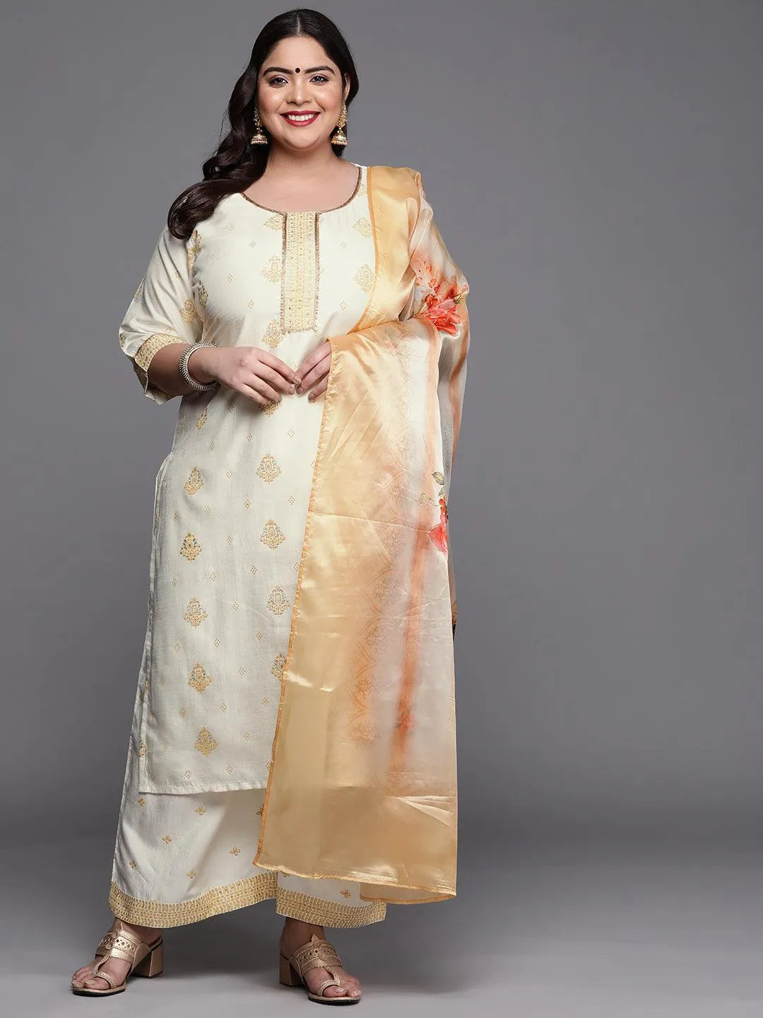 Plus Size Cream Printed Silk Blend Suit Set - Libas 