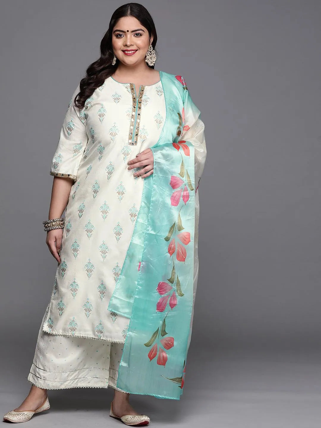 Plus Size Cream Printed Silk Blend Suit Set - Libas 