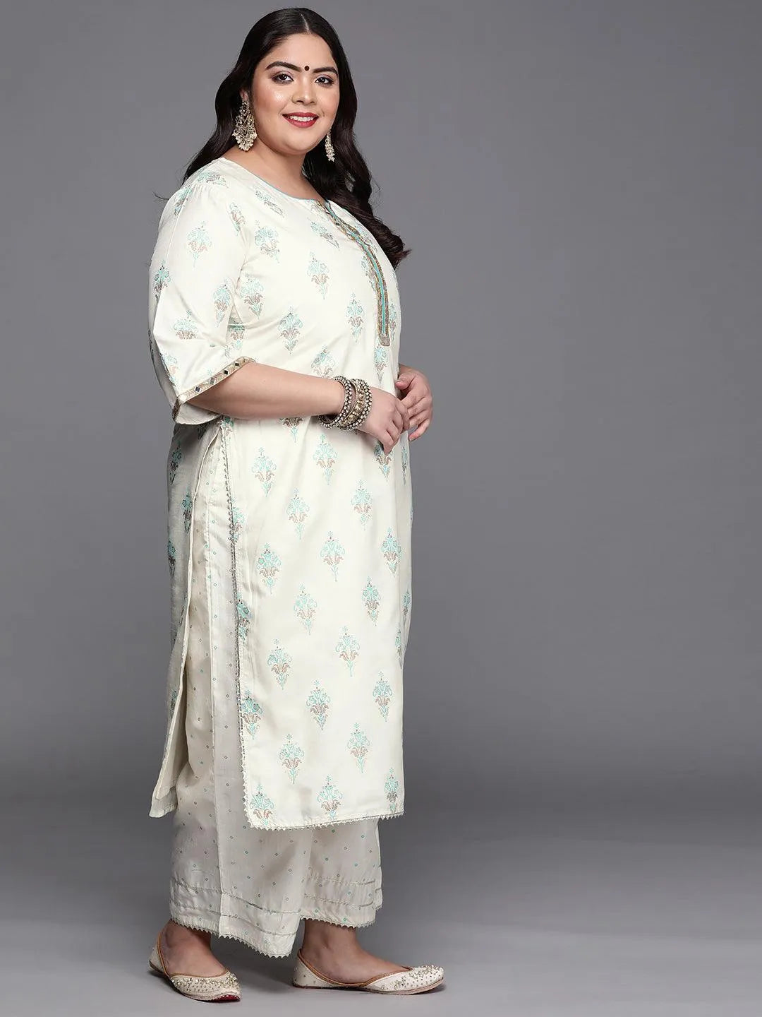 Plus Size Cream Printed Silk Blend Suit Set - Libas