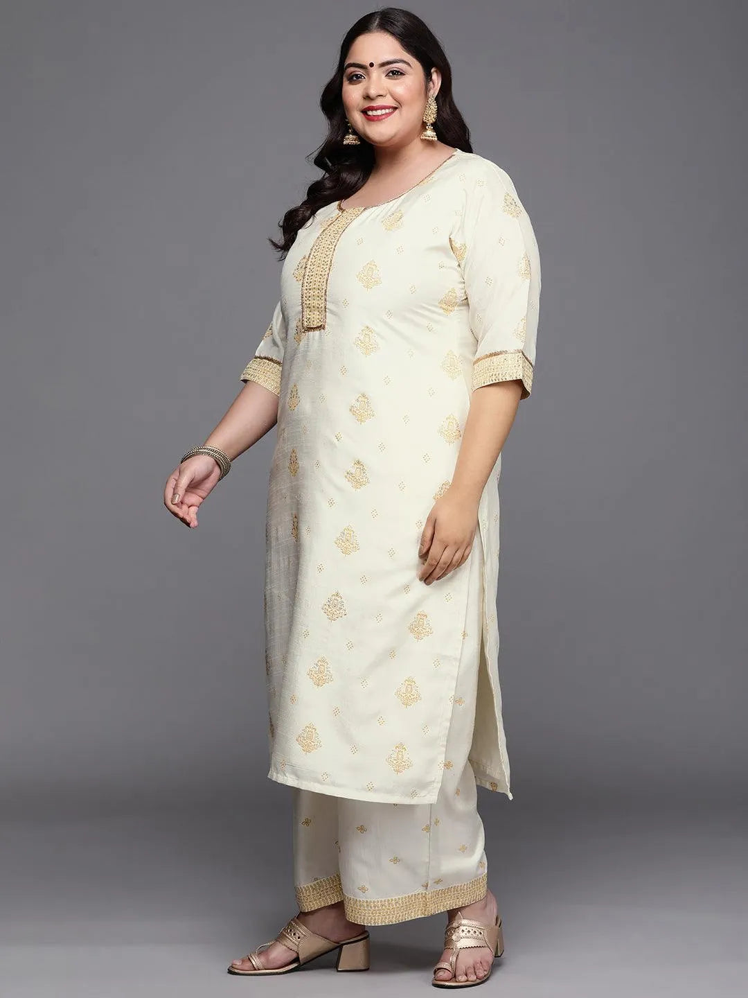 Plus Size Cream Printed Silk Blend Suit Set - Libas 