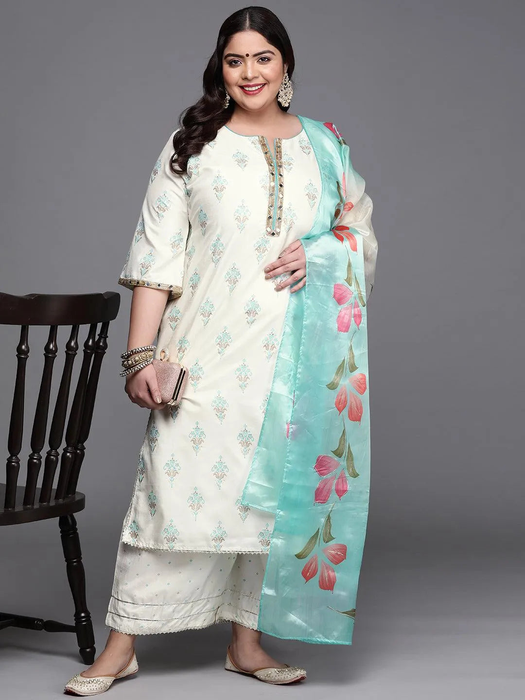 Plus Size Cream Printed Silk Blend Suit Set - Libas 