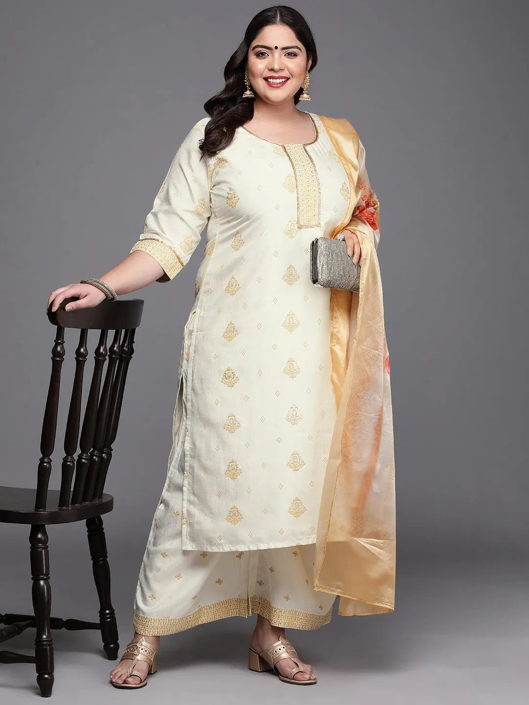 Plus Size Cream Printed Silk Blend Suit Set - Libas 