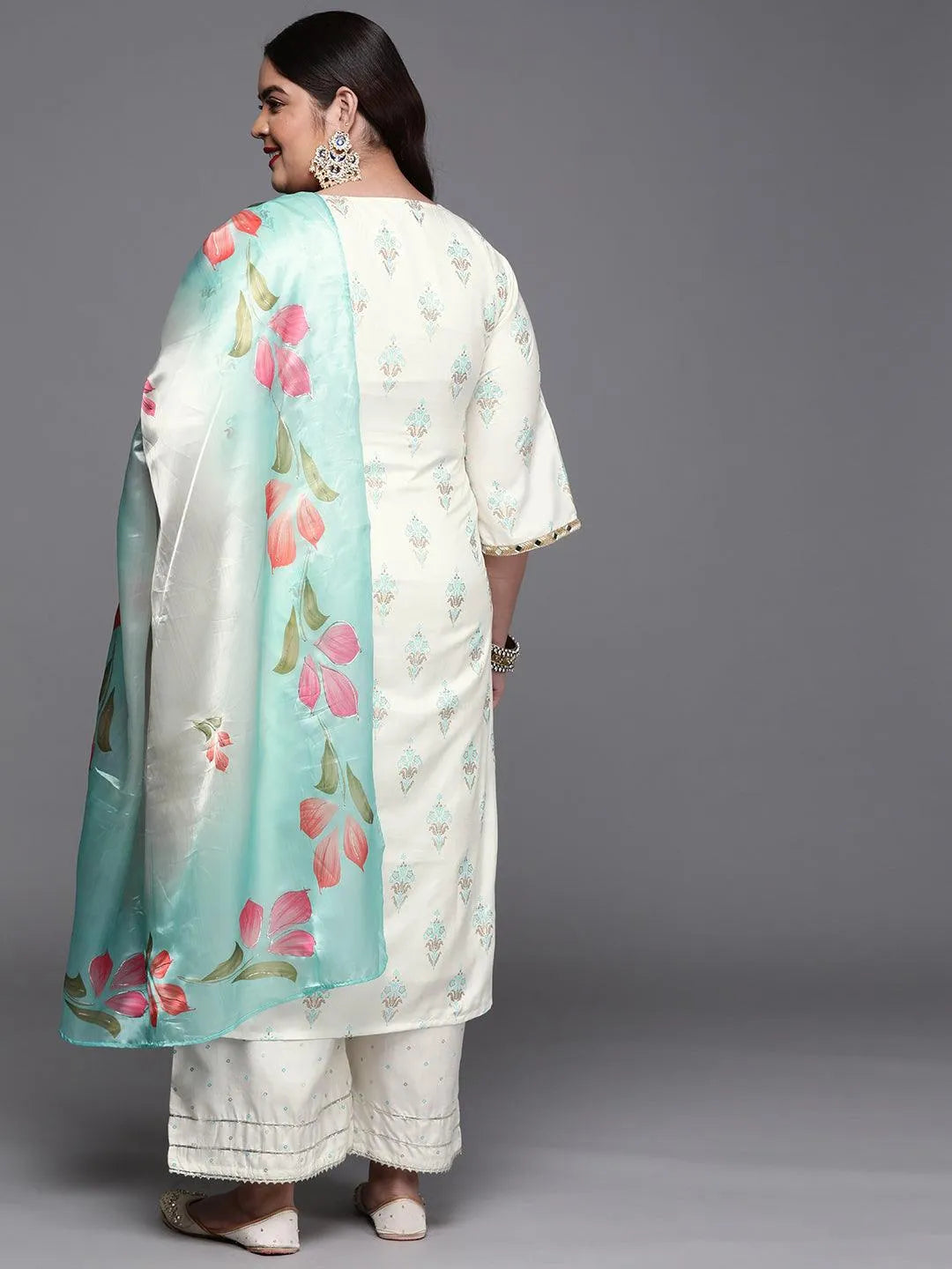 Plus Size Cream Printed Silk Blend Suit Set - Libas 