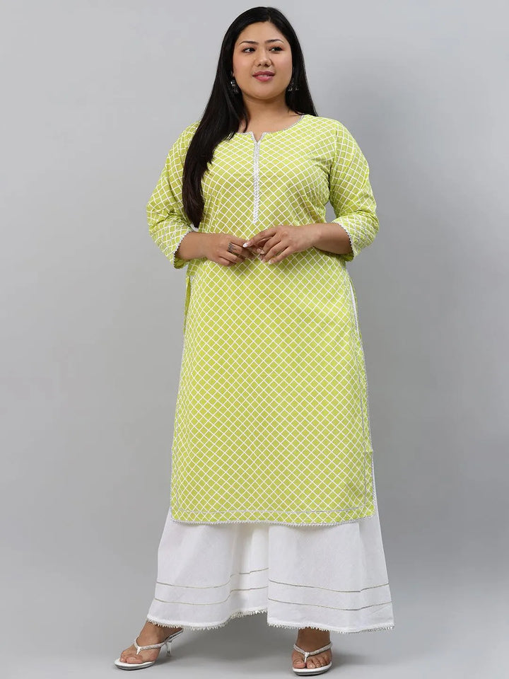 Plus Size Green Checkered Cotton Kurta - Libas