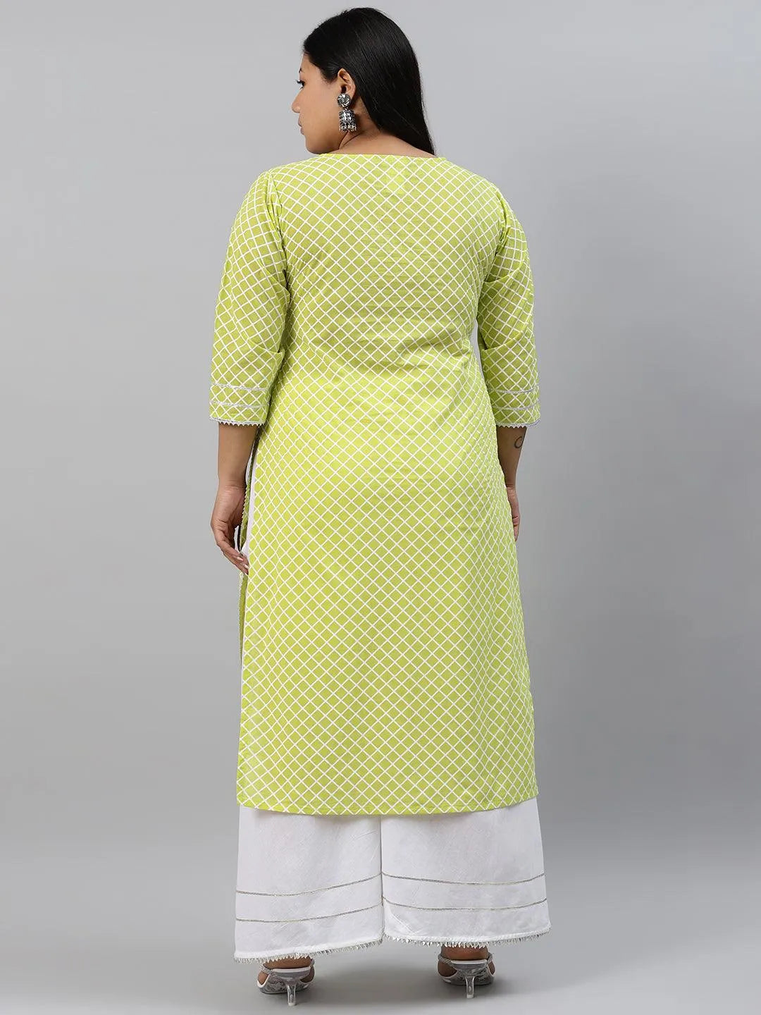 Plus Size Green Checkered Cotton Kurta - Libas