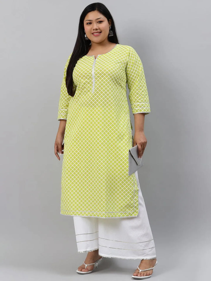 Plus Size Green Checkered Cotton Kurta - Libas