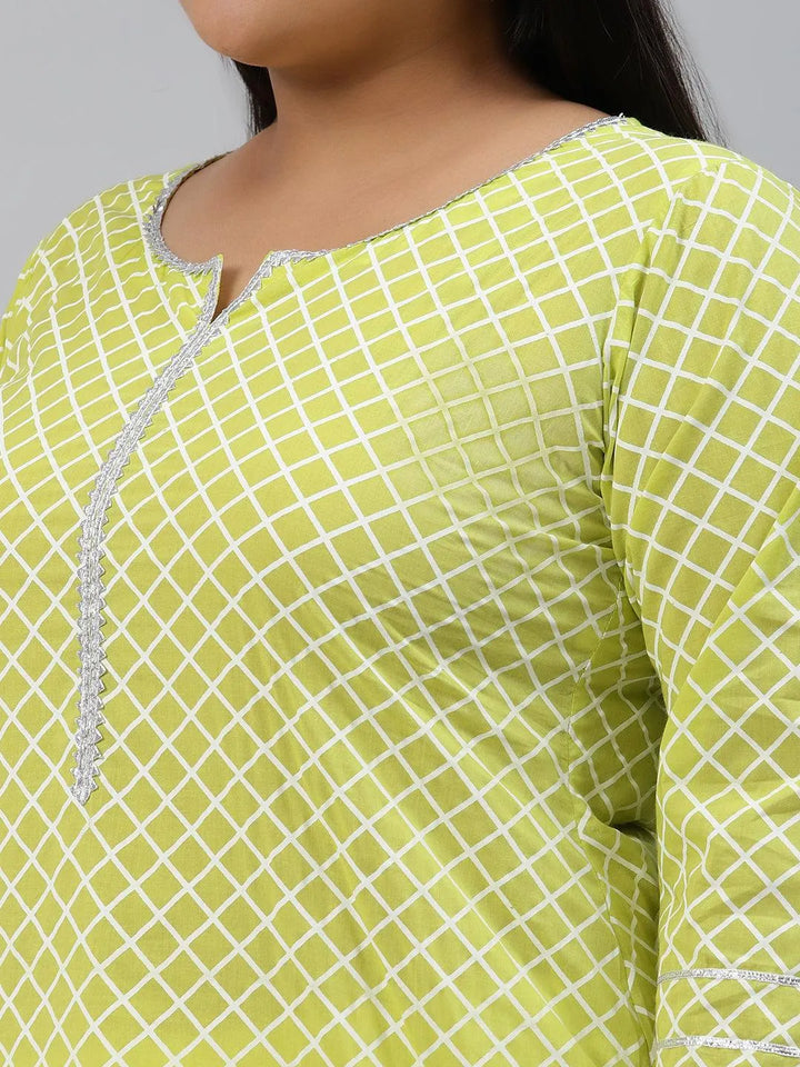 Plus Size Green Checkered Cotton Kurta - Libas