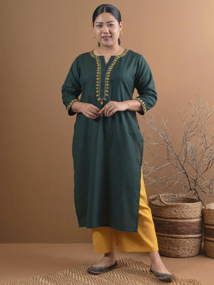 Plus Size Green Embroidered Cotton Kurta - Libas