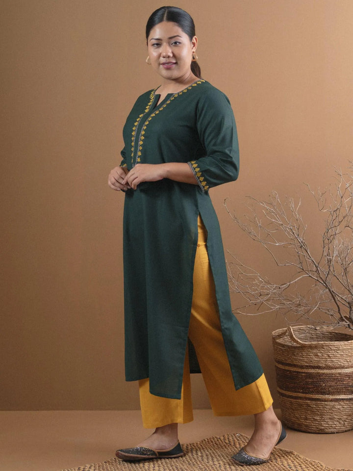 Plus Size Green Embroidered Cotton Kurta - Libas