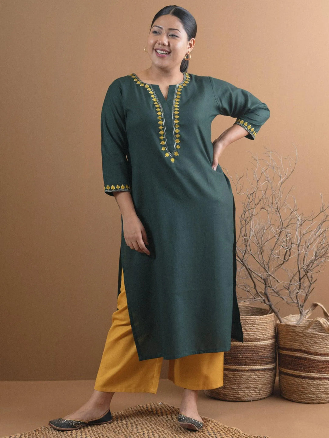 Plus Size Green Embroidered Cotton Kurta - Libas