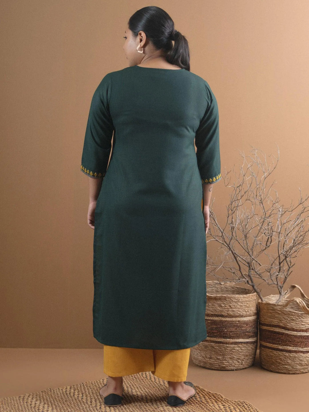 Plus Size Green Embroidered Cotton Kurta - Libas