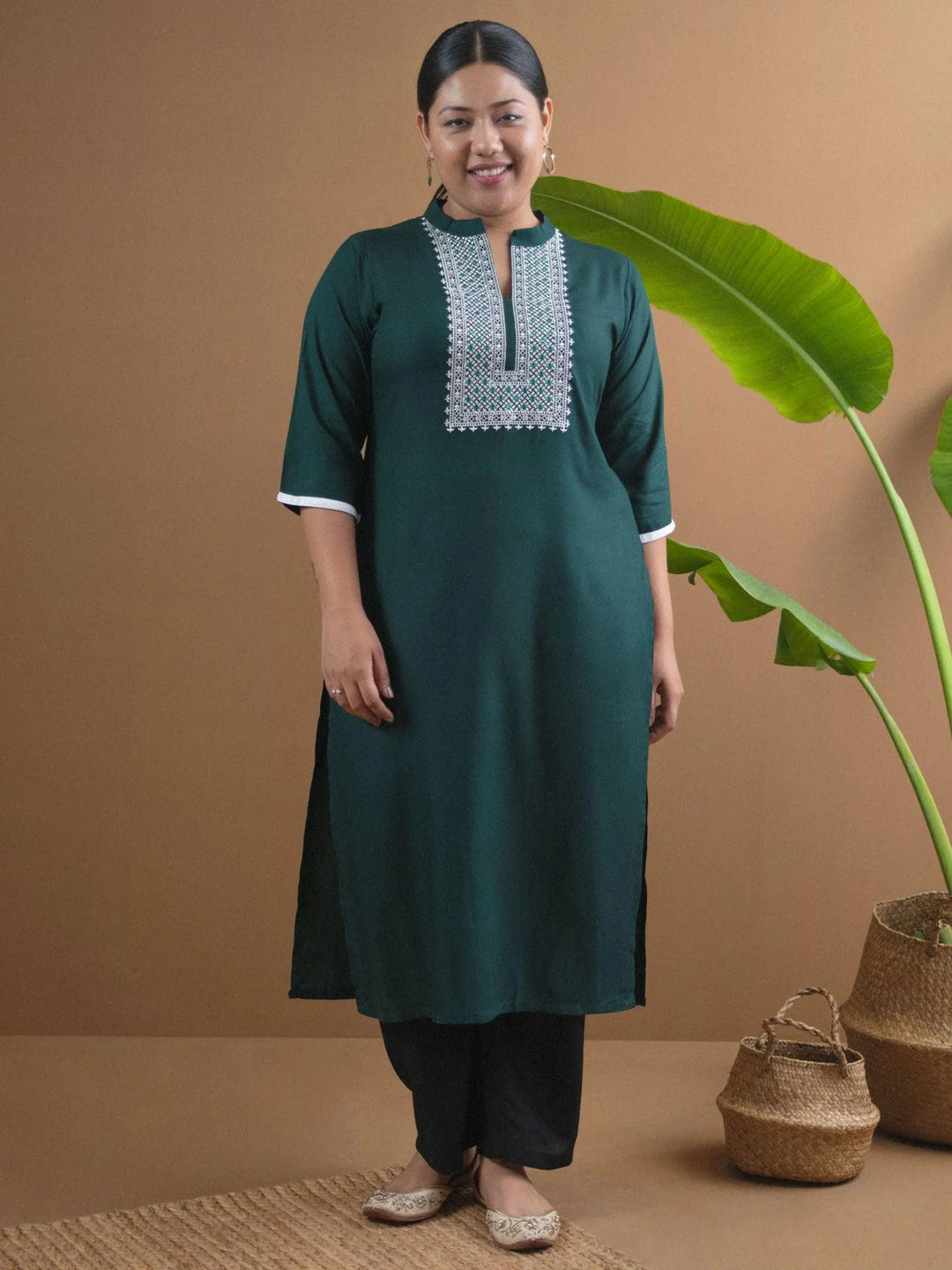 Plus Size Green Embroidered Rayon Kurta - Libas