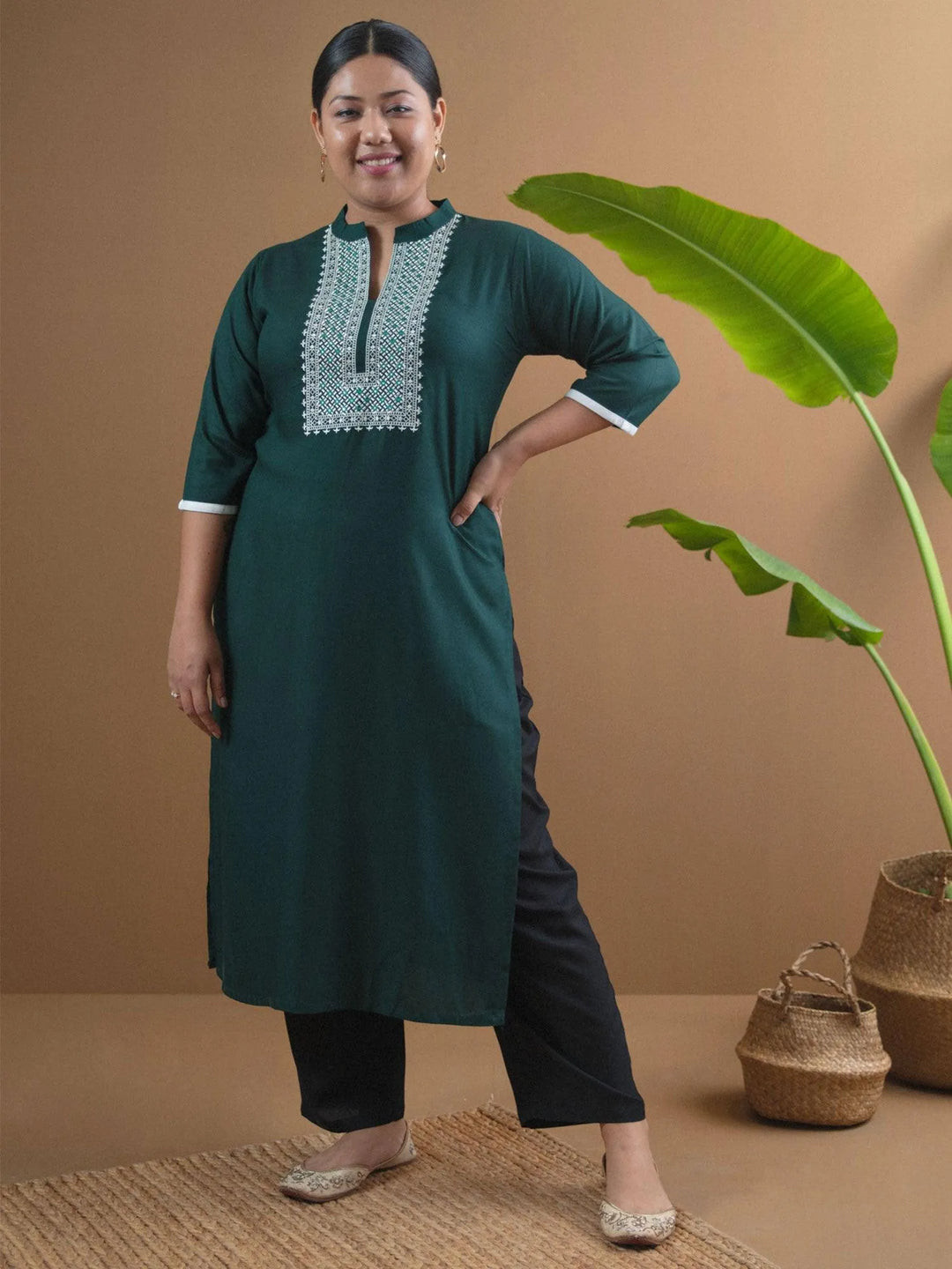 Plus Size Green Embroidered Rayon Kurta - Libas