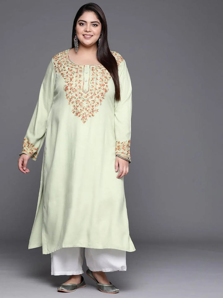 Plus Size Green Embroidered Wool Kurta - Libas