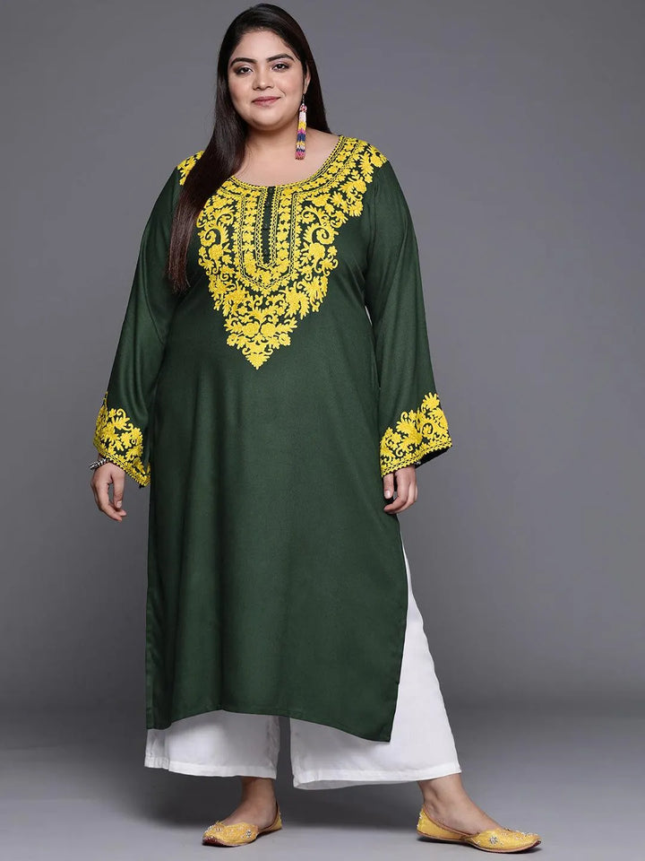 Plus Size Green Embroidered Wool Kurta - Libas