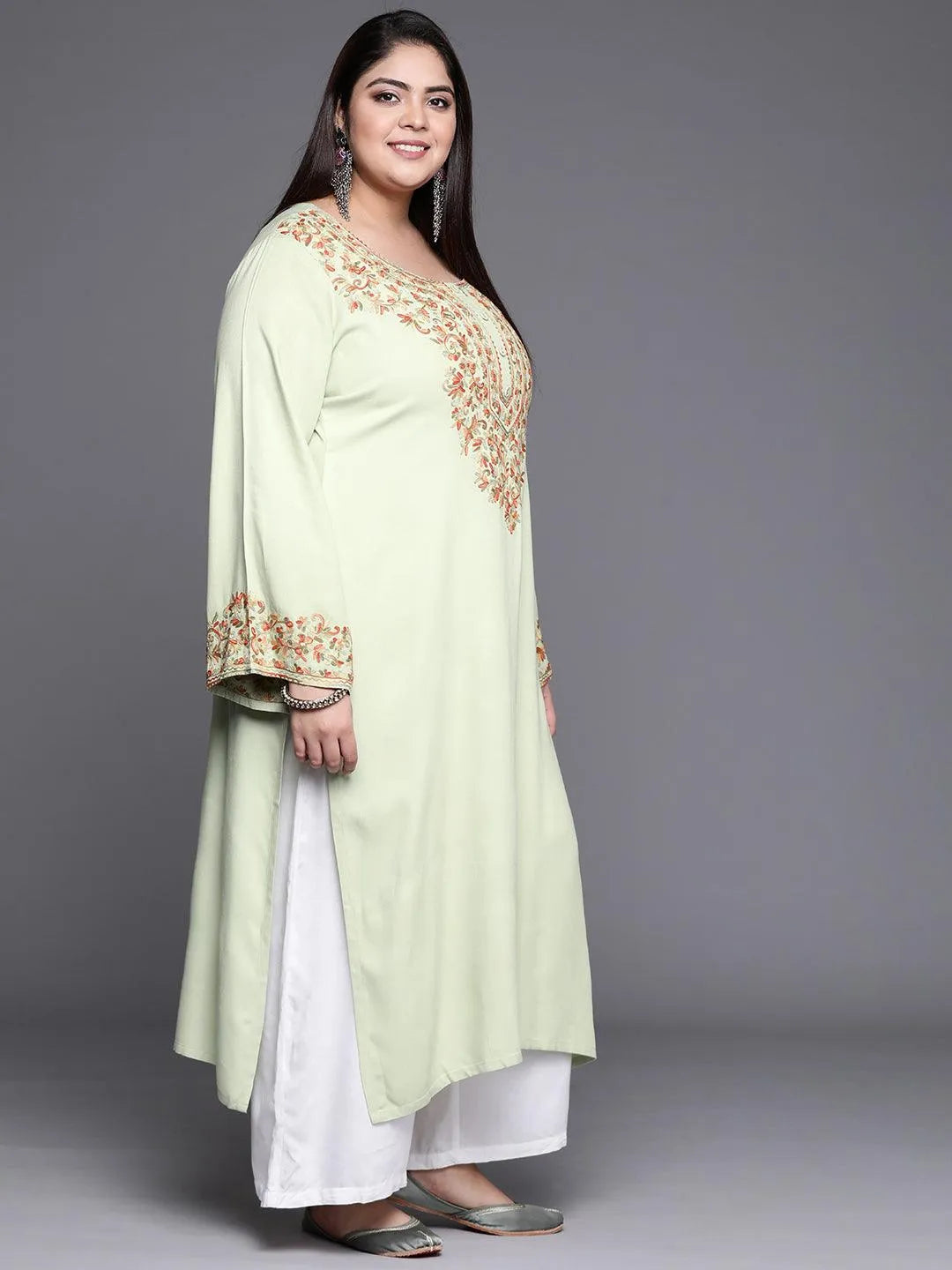 Plus Size Green Embroidered Wool Kurta - Libas