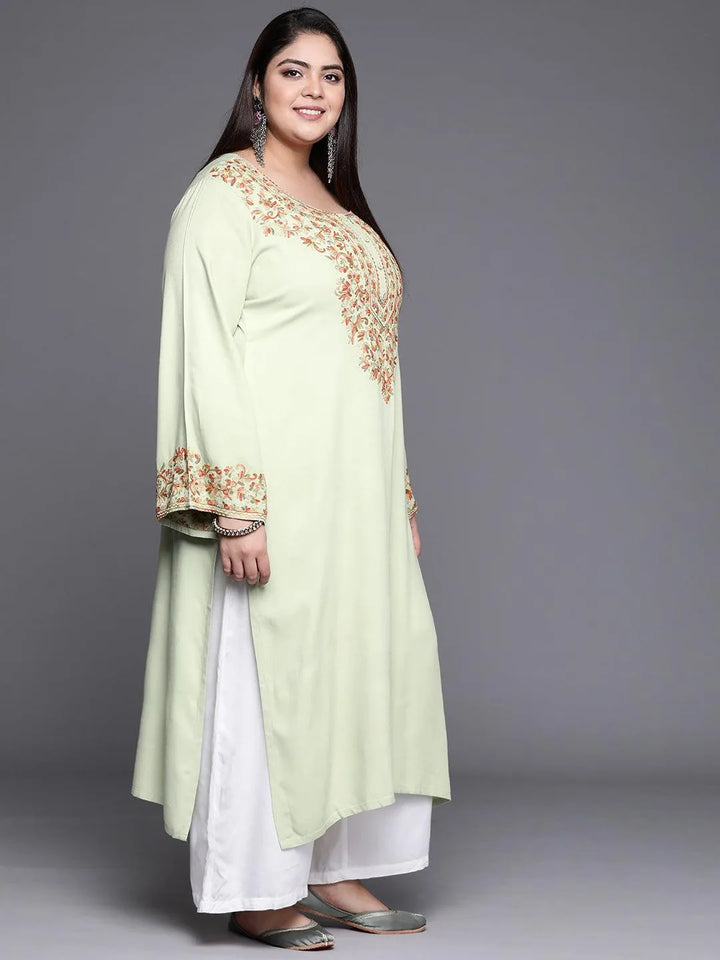 Plus Size Green Embroidered Wool Kurta - Libas