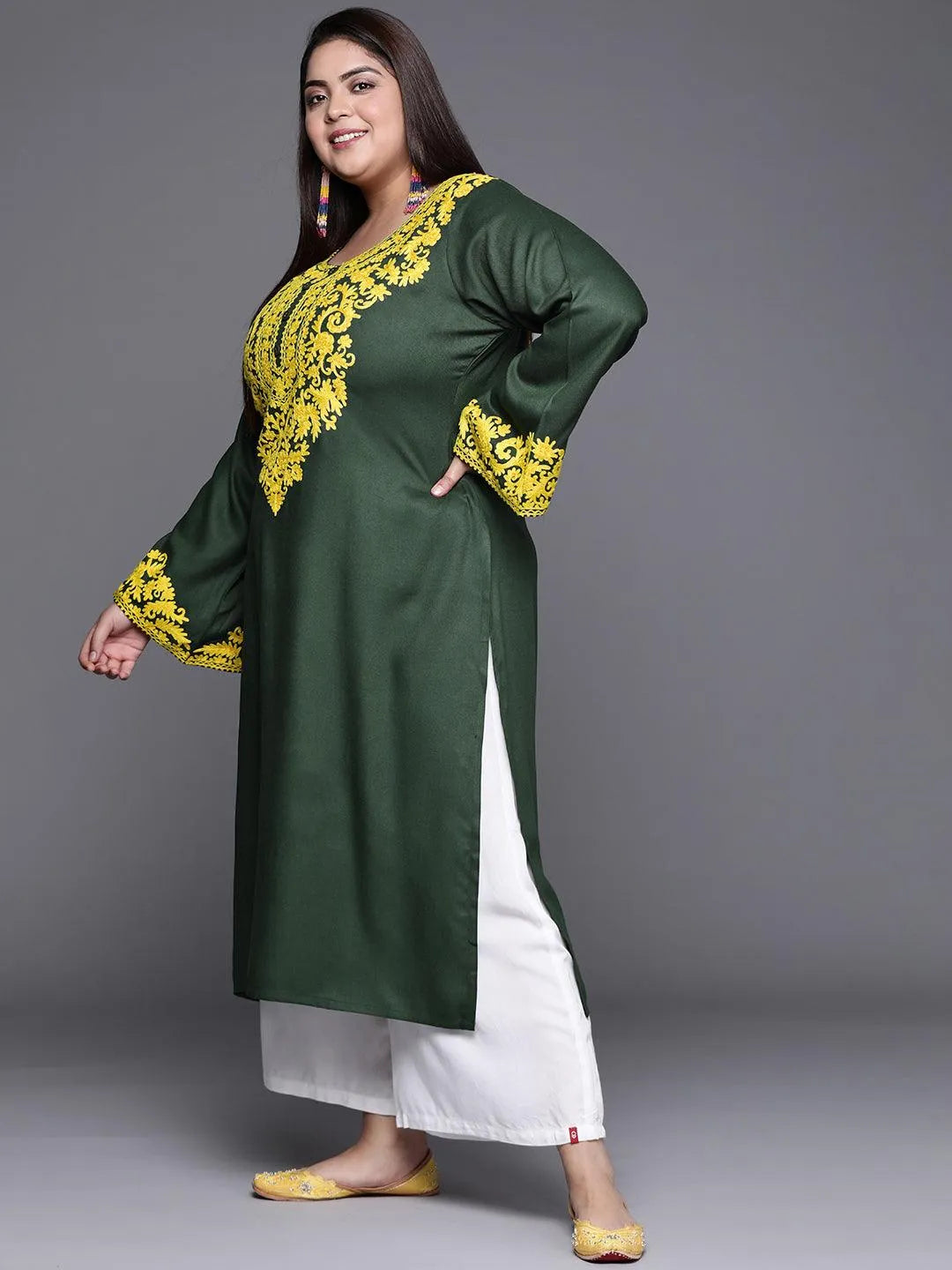 Plus Size Green Embroidered Wool Kurta - Libas