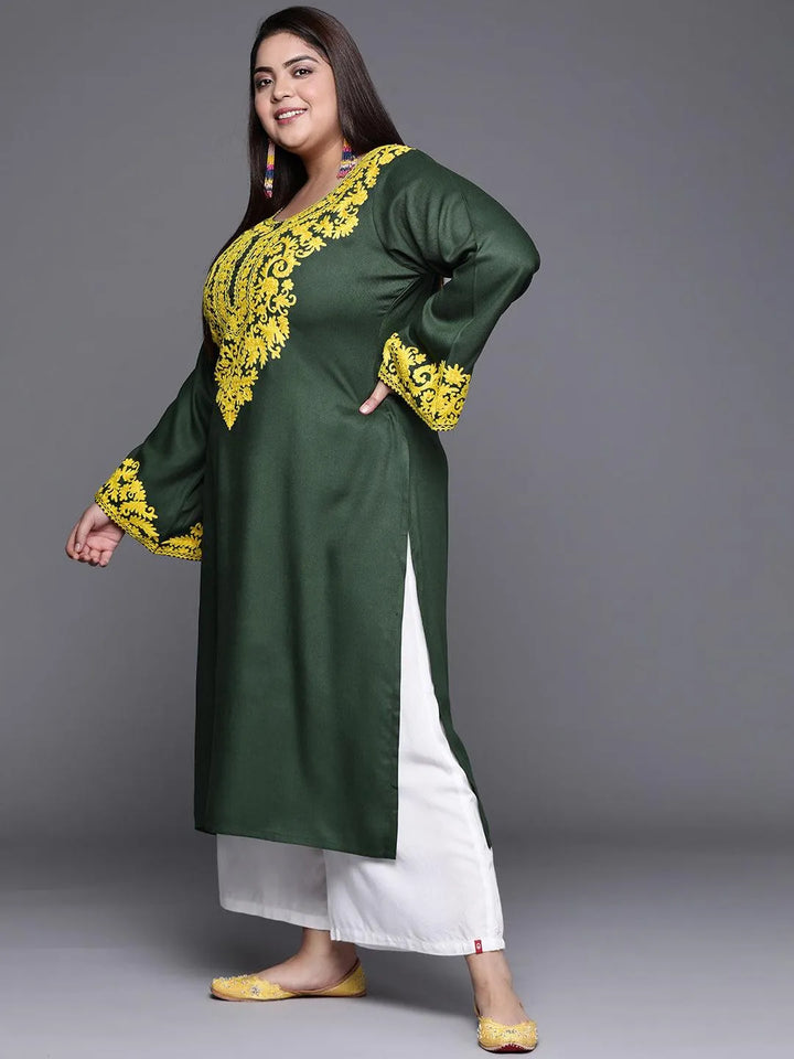 Plus Size Green Embroidered Wool Kurta - Libas