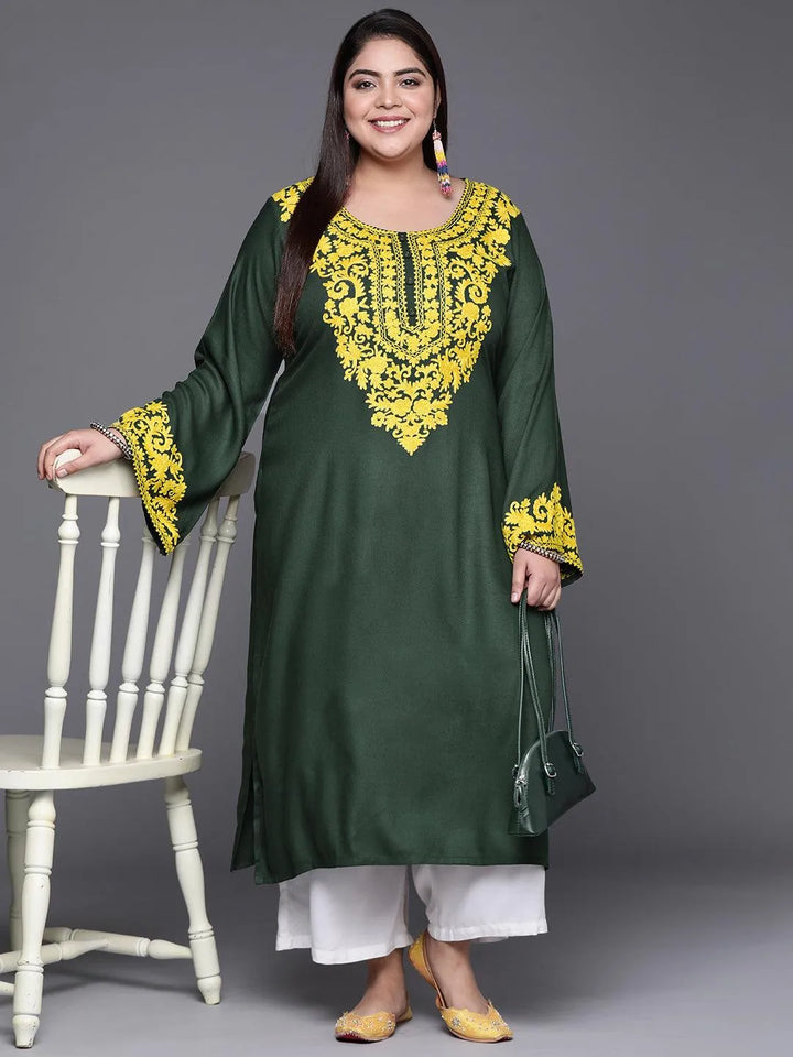 Plus Size Green Embroidered Wool Kurta - Libas