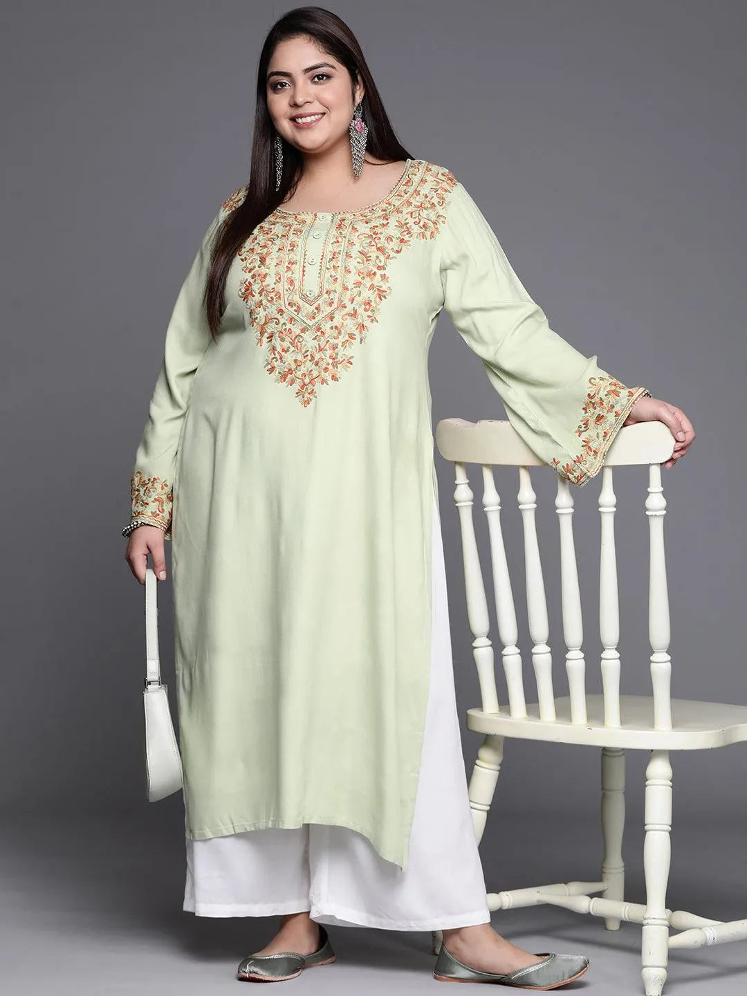 Plus Size Green Embroidered Wool Kurta - Libas