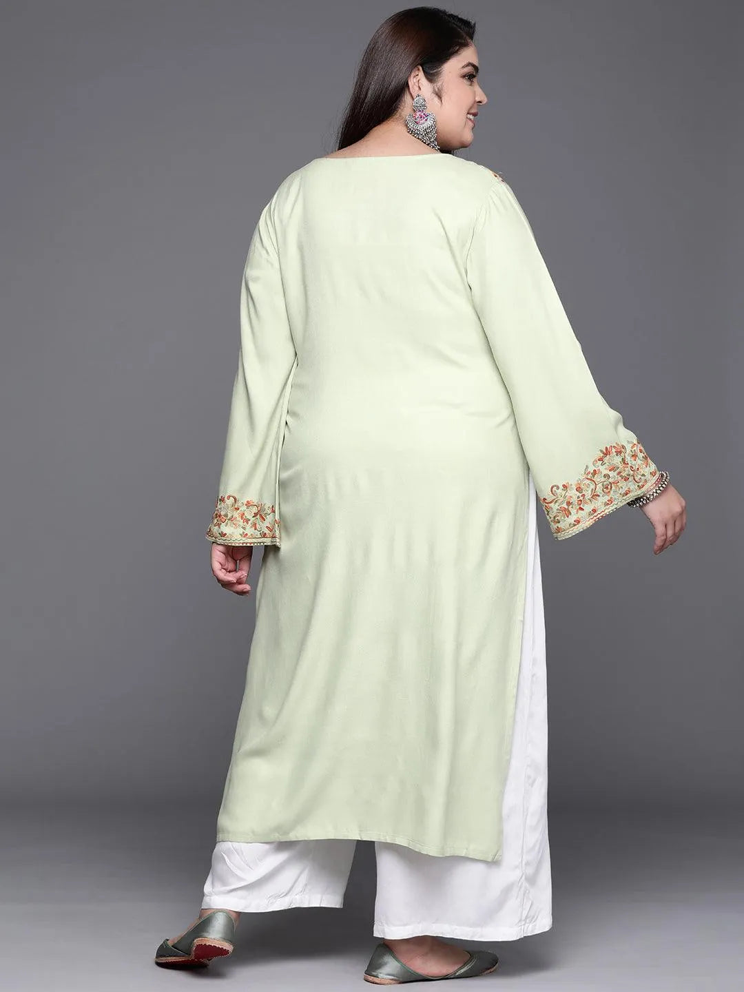 Plus Size Green Embroidered Wool Kurta - Libas