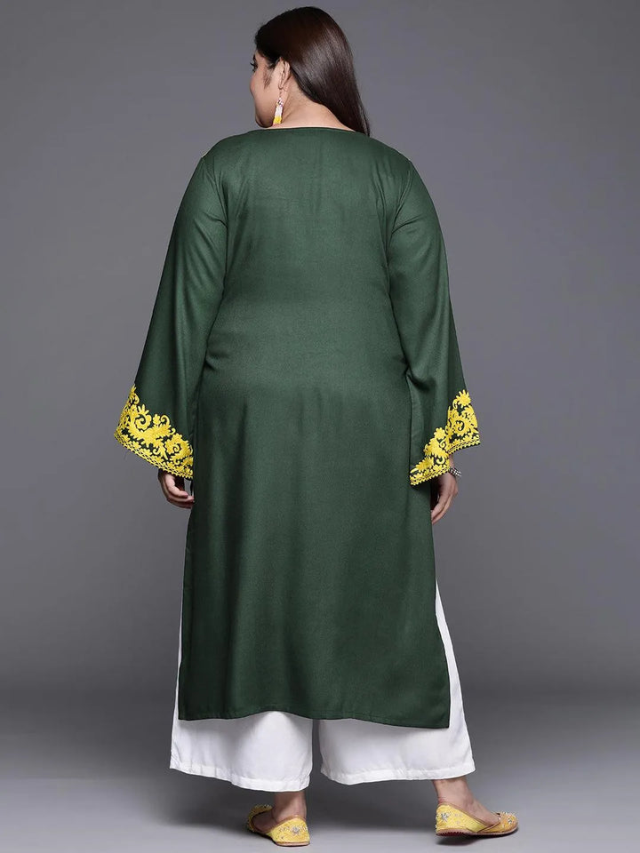 Plus Size Green Embroidered Wool Kurta - Libas