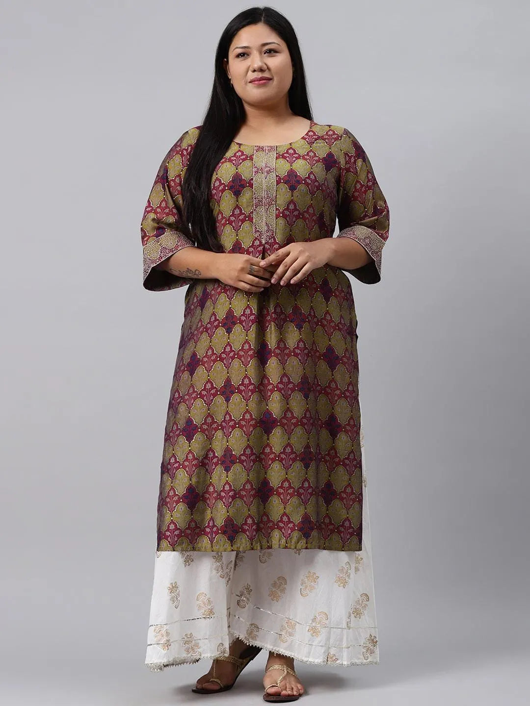 Plus Size Green Printed Chanderi Silk Kurta - Libas