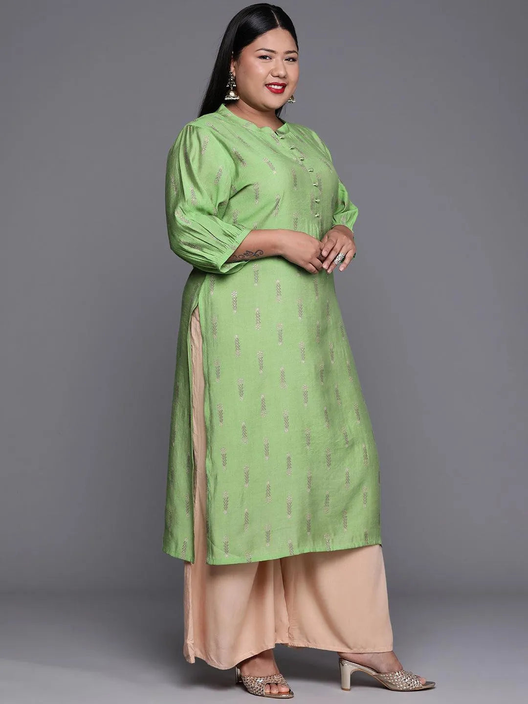 Plus Size Green Printed Chanderi Silk Kurta - Libas 