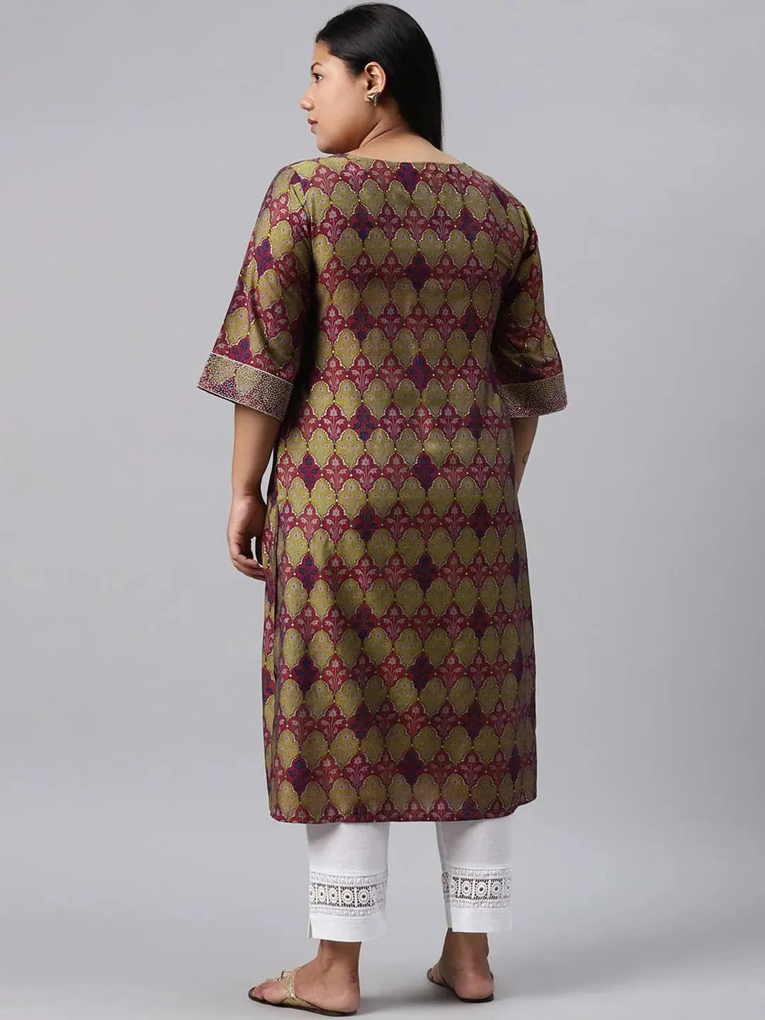 Plus Size Green Printed Chanderi Silk Kurta - Libas