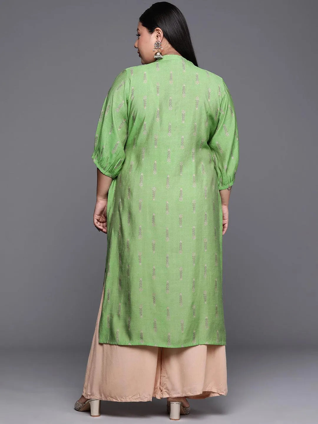 Plus Size Green Printed Chanderi Silk Kurta - Libas 