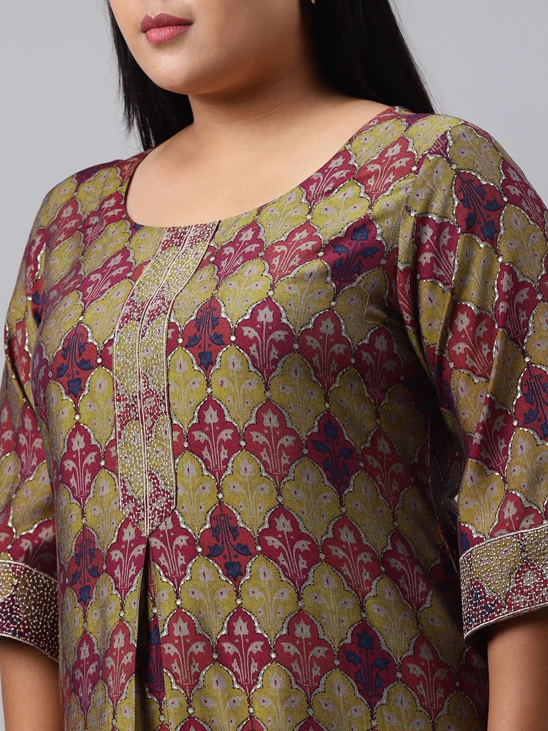 Plus Size Green Printed Chanderi Silk Kurta - Libas