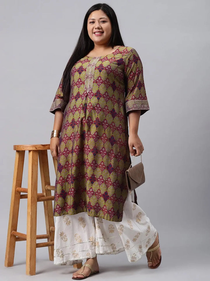 Plus Size Green Printed Chanderi Silk Kurta - Libas