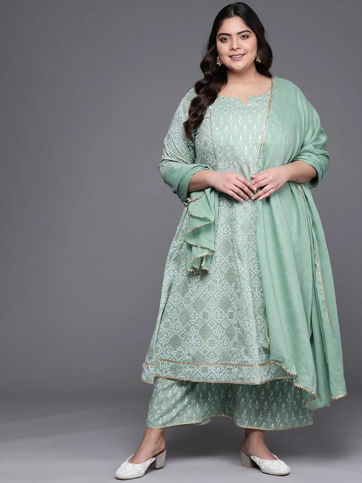 Plus Size Green Printed Cotton Suit Set - Libas