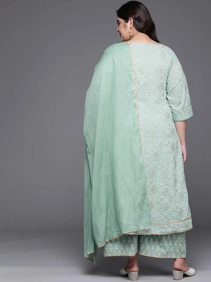 Plus Size Green Printed Cotton Suit Set - Libas