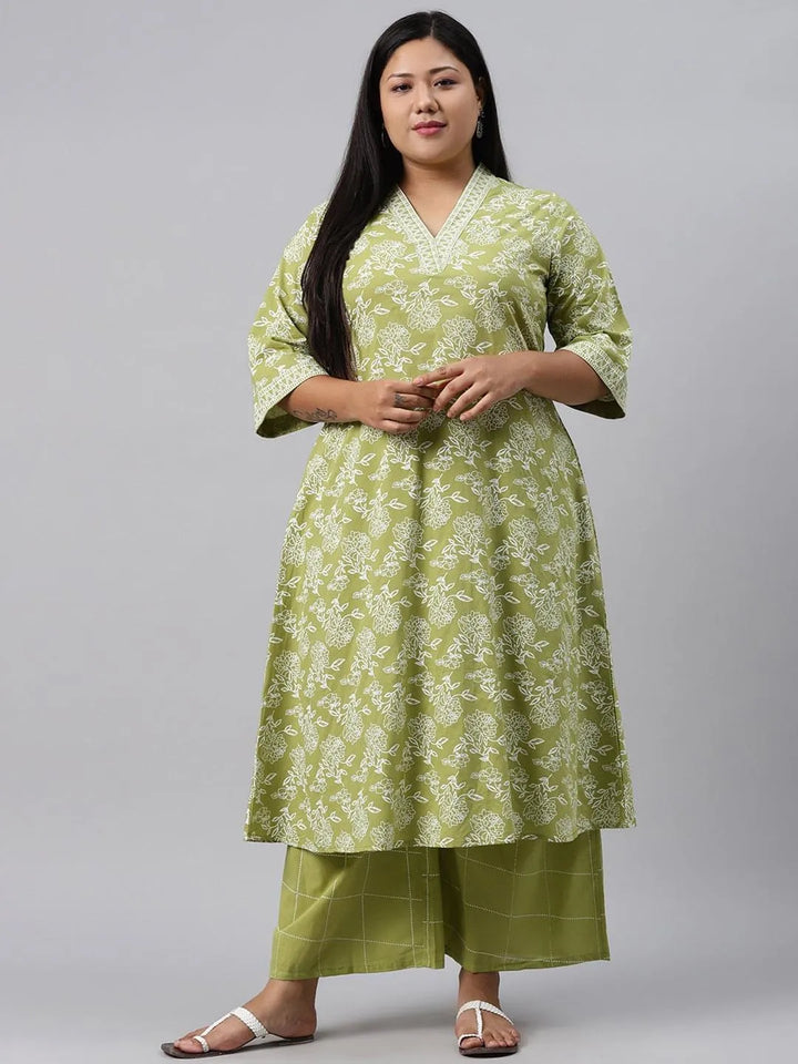 Plus Size Green Printed Cotton Kurta - Libas