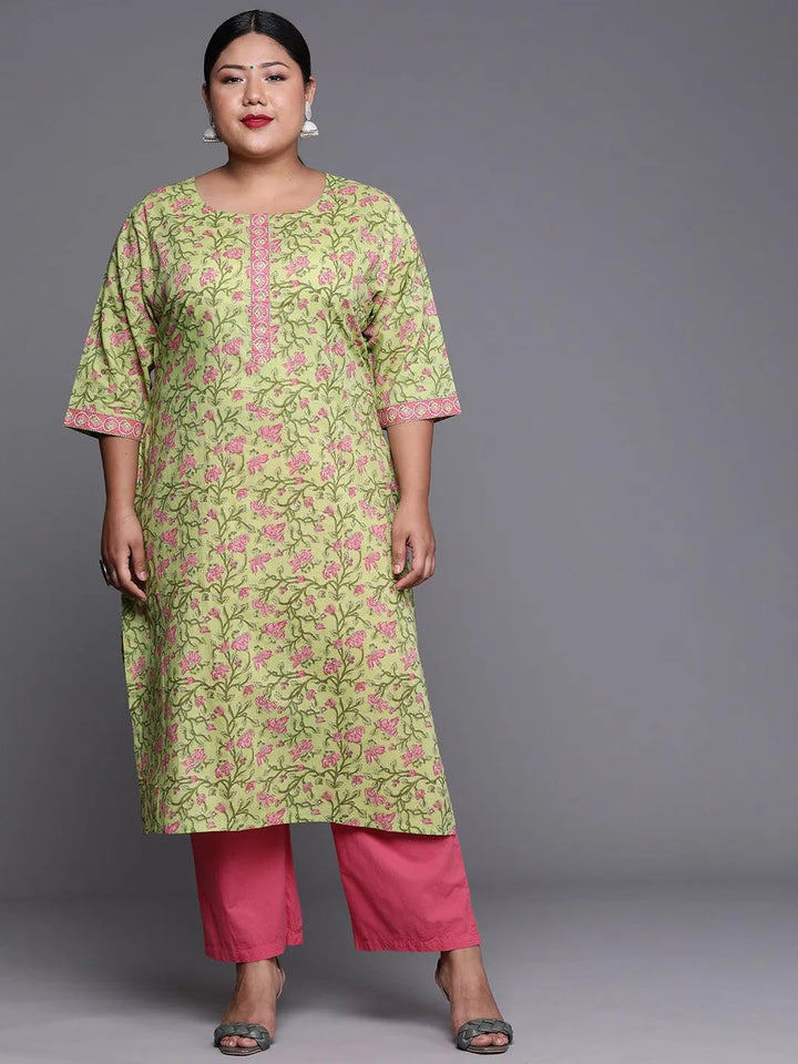 Plus Size Green Printed Cotton Kurta - Libas