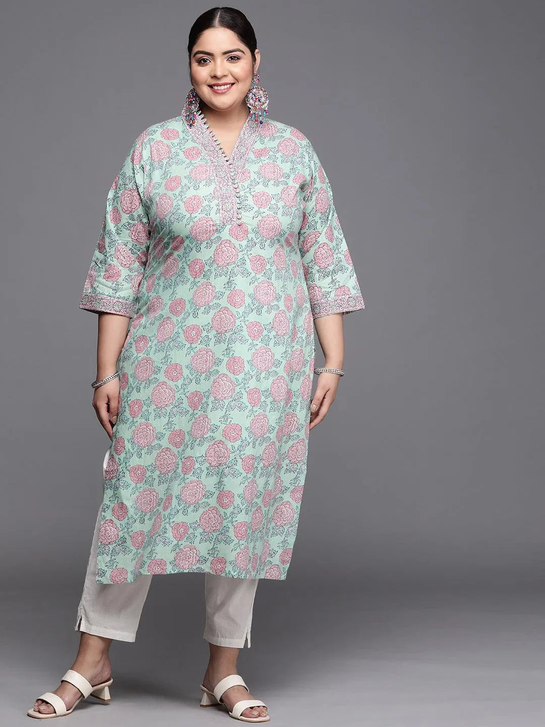 Plus Size Green Printed Cotton Kurta - Libas 