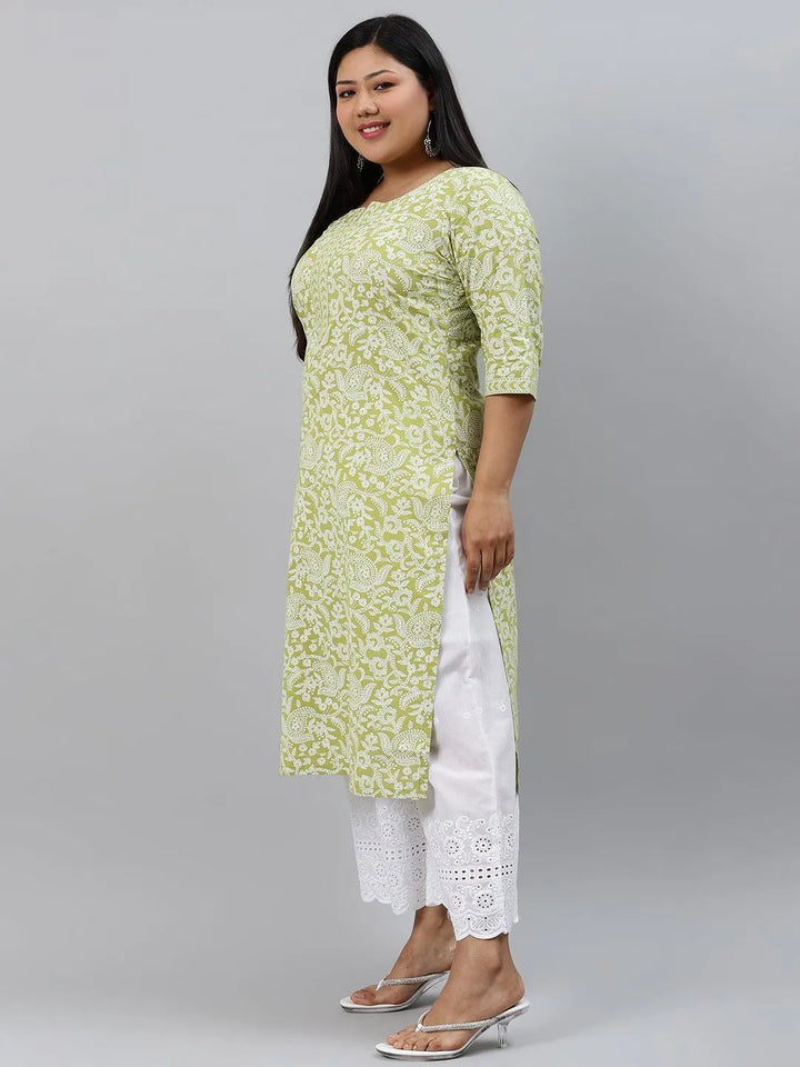 Plus Size Green Printed Cotton Kurta - Libas