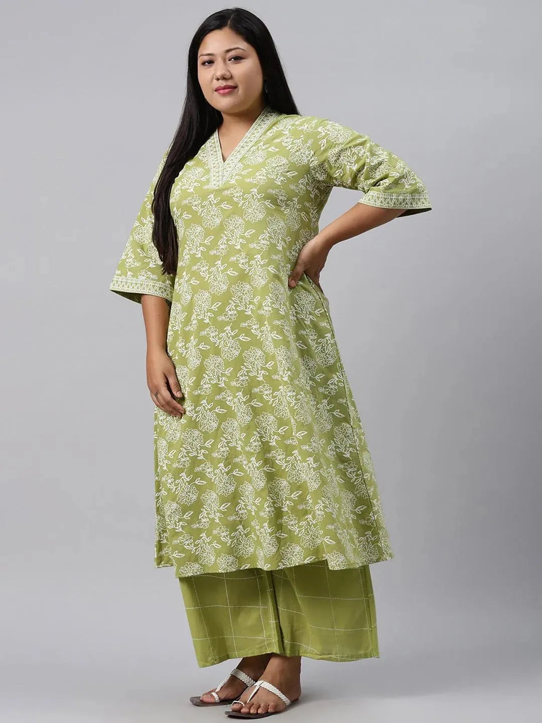 Plus Size Green Printed Cotton Kurta - Libas