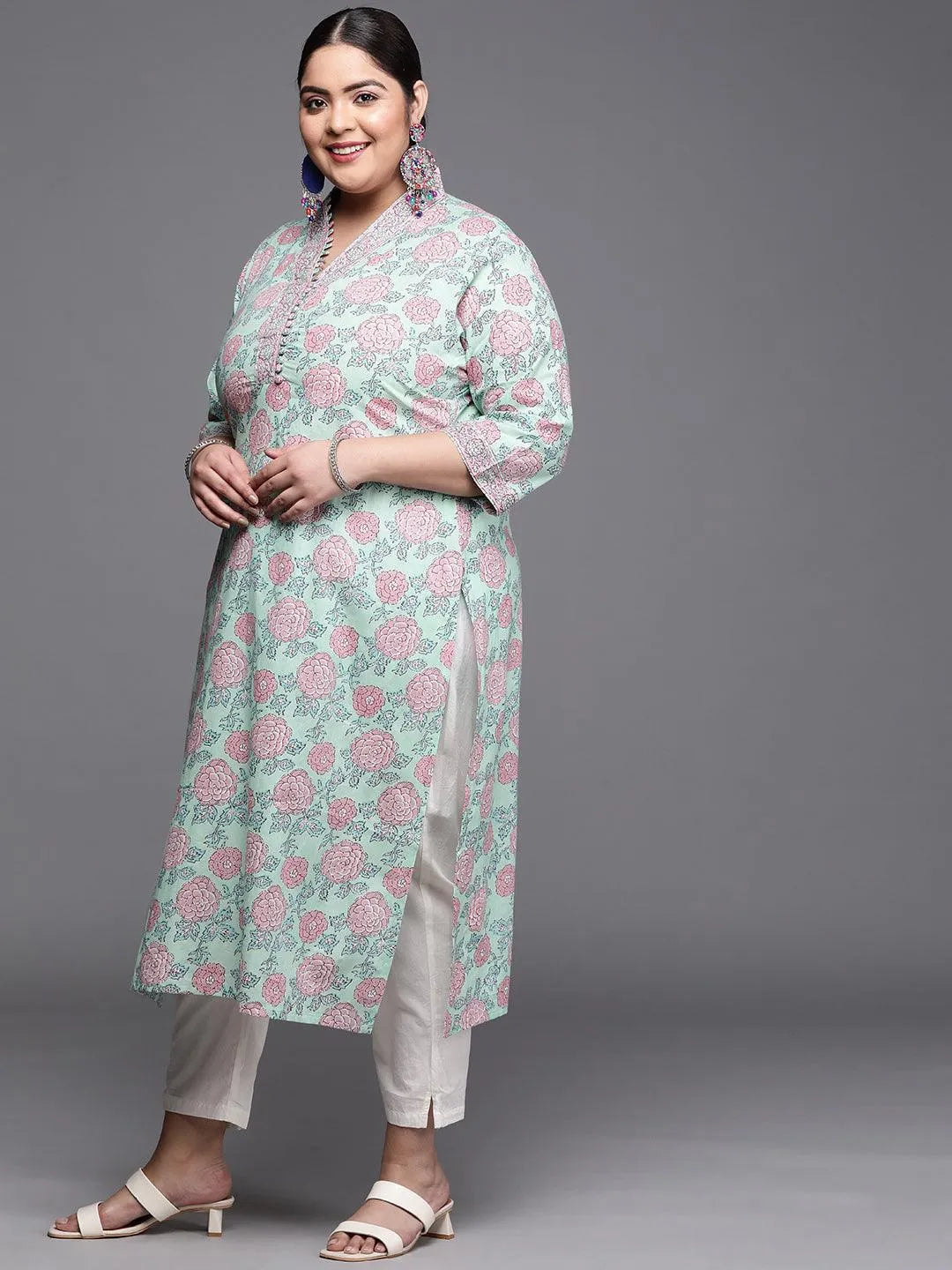 Plus Size Green Printed Cotton Kurta - Libas 