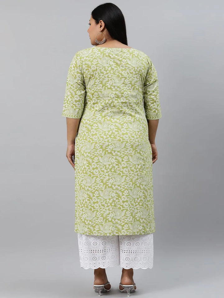 Plus Size Green Printed Cotton Kurta - Libas