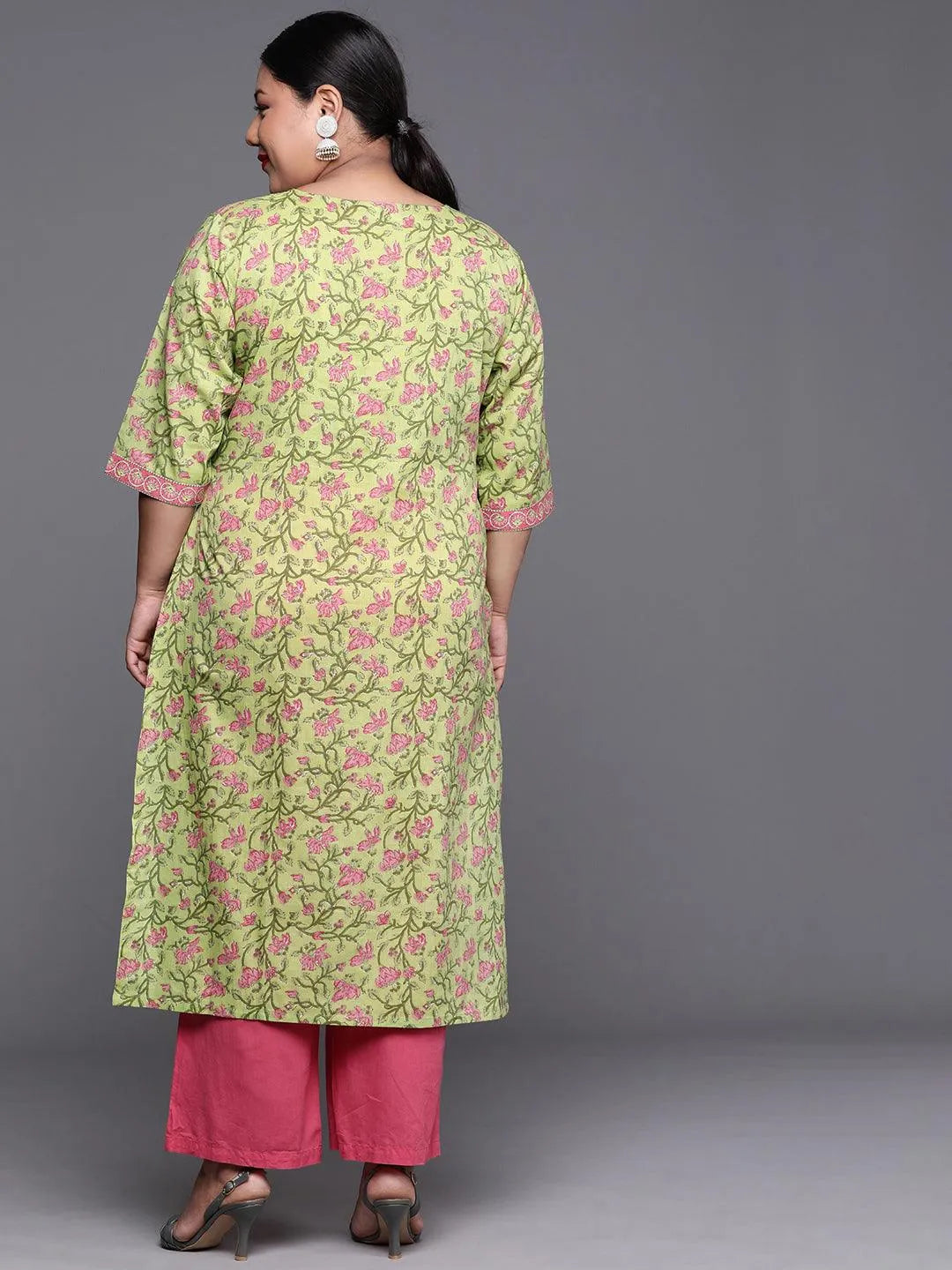 Plus Size Green Printed Cotton Kurta - Libas