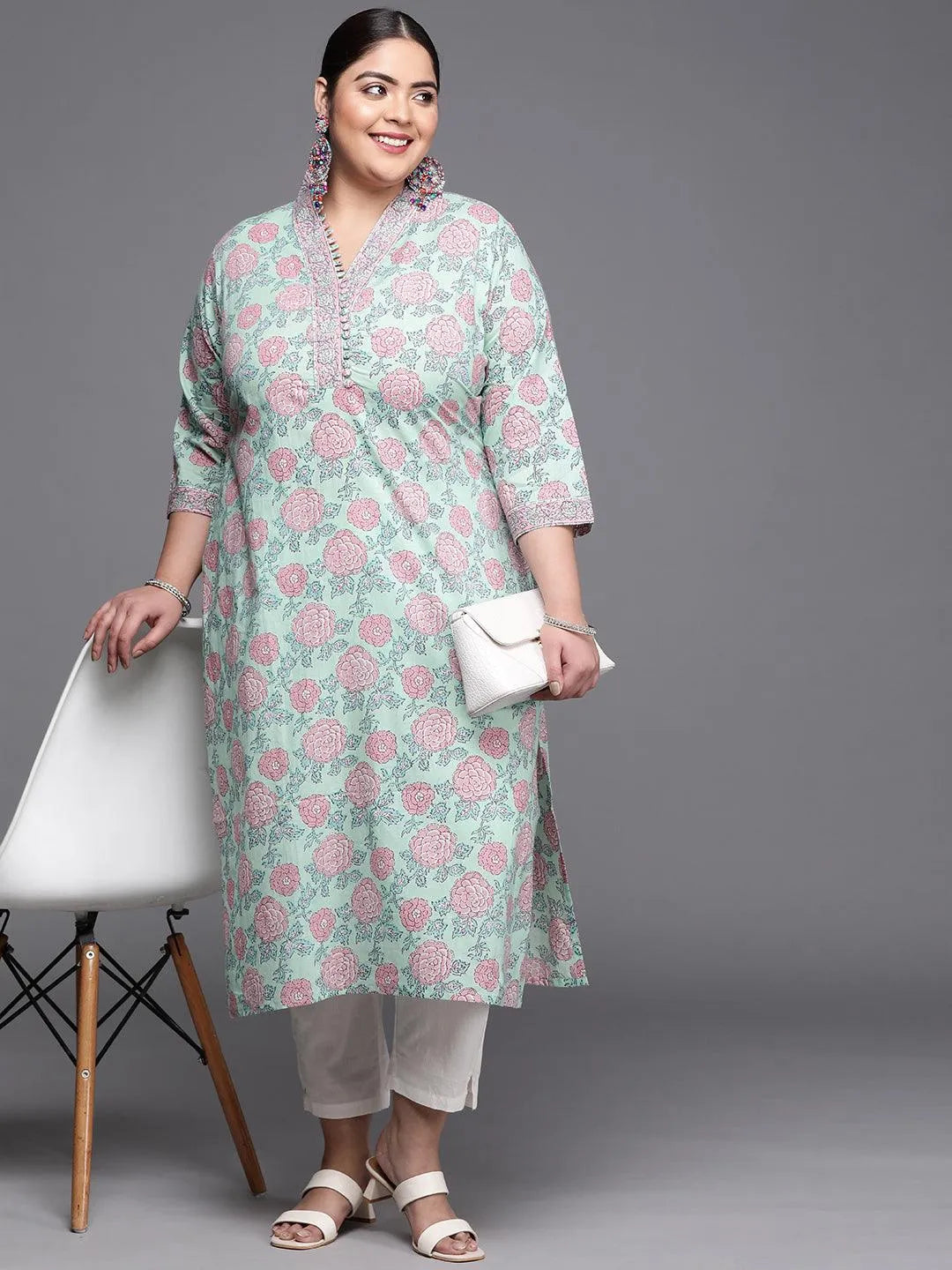 Plus Size Green Printed Cotton Kurta - Libas 