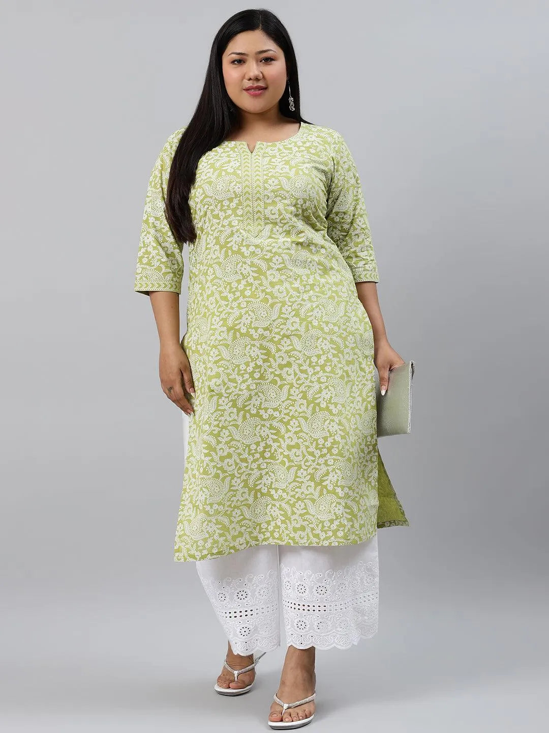 Plus Size Green Printed Cotton Kurta - Libas